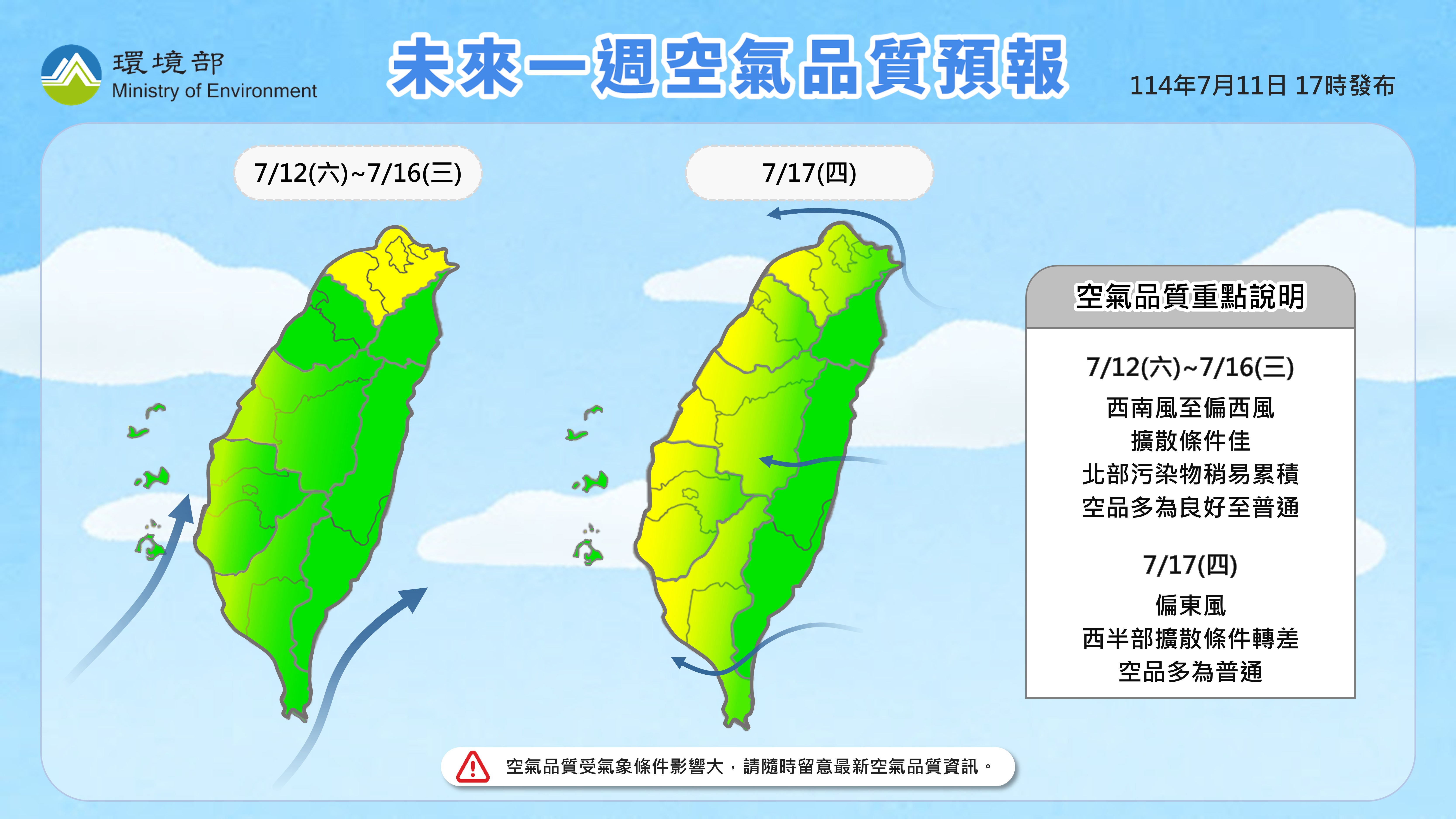 114年7月12日至7月17日空氣品質預報